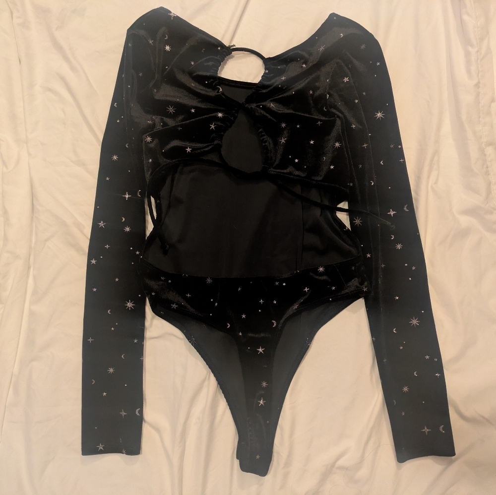 Whimsigoth Open Back Celestial Velvet Bodysuit in Midnight Black - Picture 8 of 8